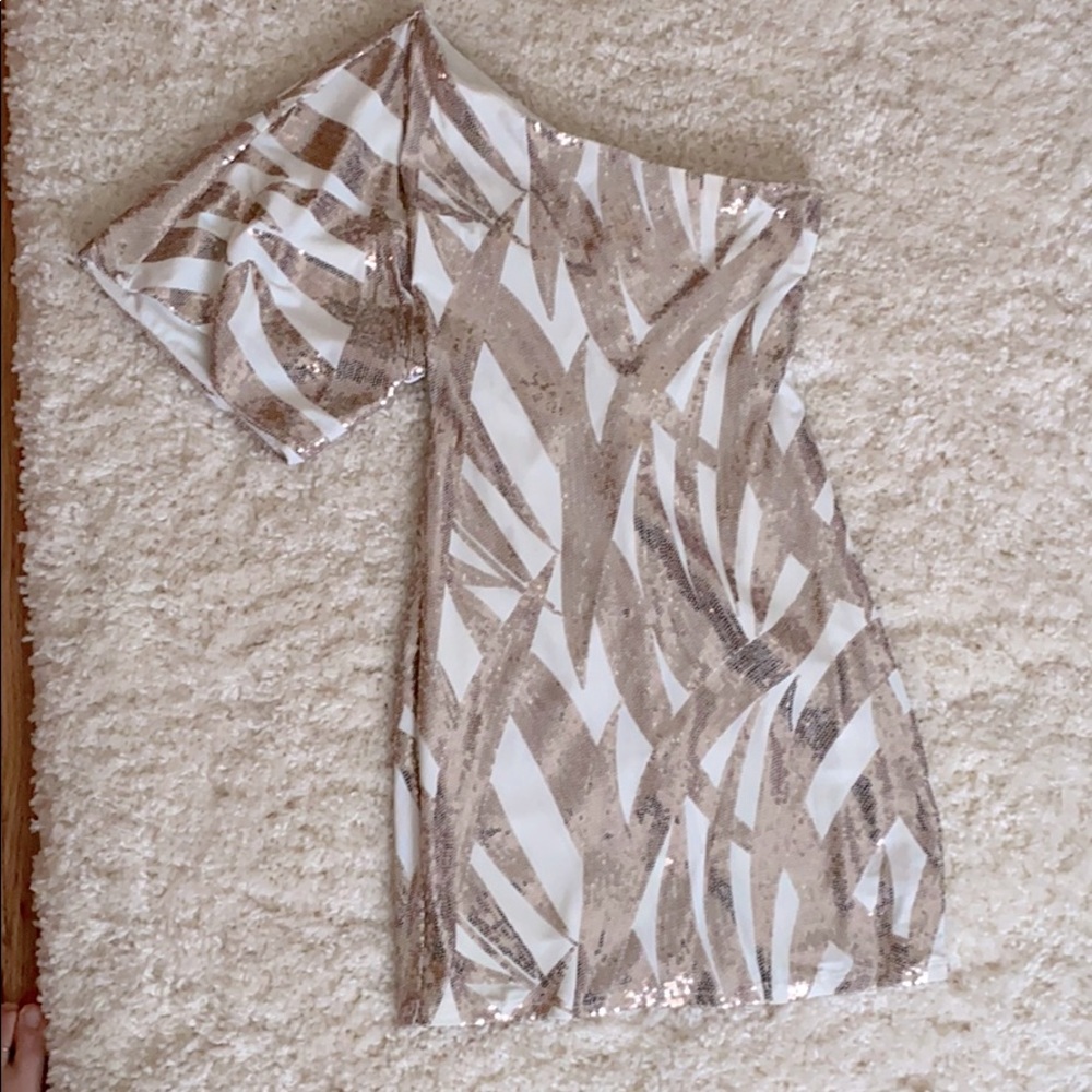 B. Darlin - one shoulder, white & rose gold dress